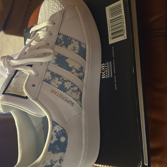 White and Blue Adidas Women's Eco Superstar Bold Sneakers - Picture 4 of 5